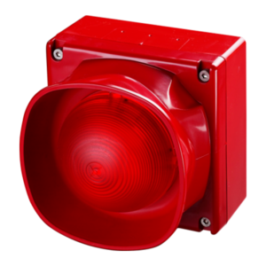 Meertonige open-area sirene flitser (optisch/akoestisch), rood. IP66